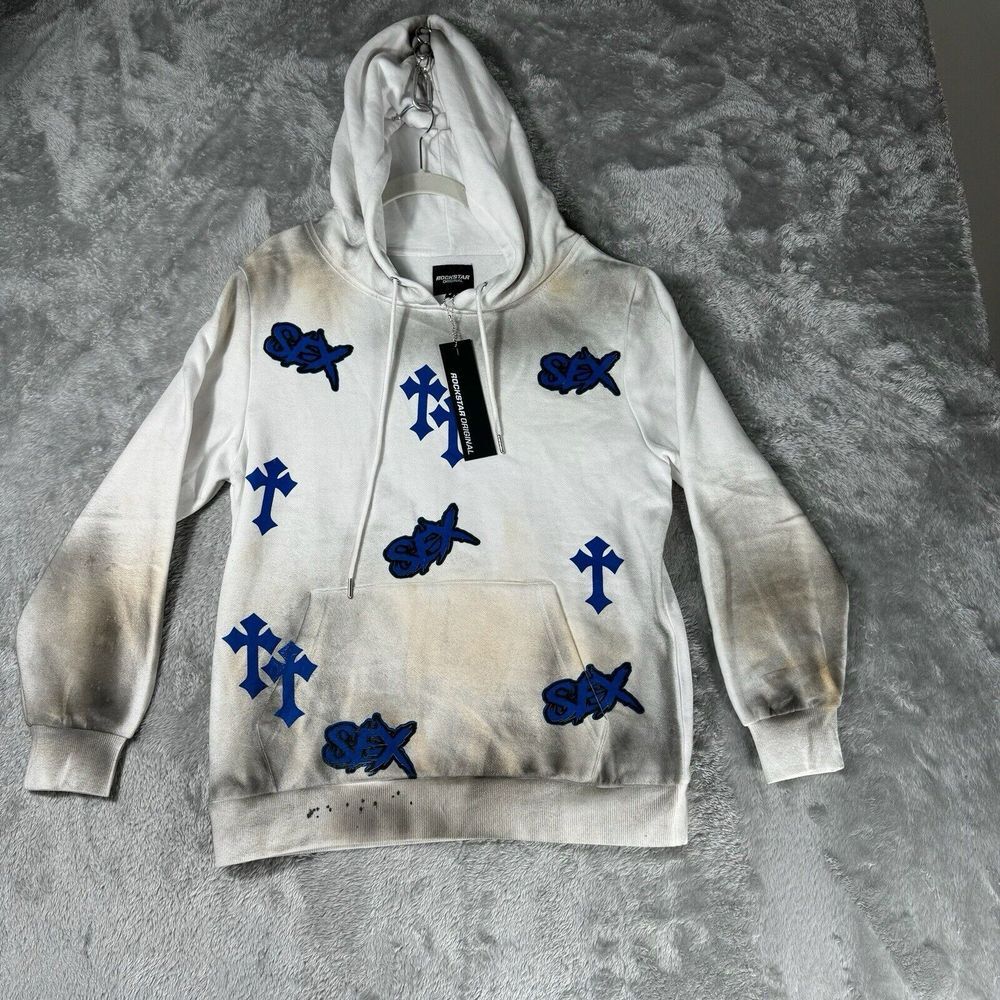 Rockstar Original Sweat Suit Mens S White Hoodie Pants Cross Spray Paint Retro - Picture 10 of 16
